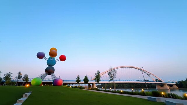 Contemporary art installation on the green lawn near the Danube. View on the Appolo Bridge in Bratislava, Slovakia.