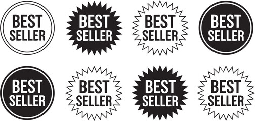 Eight white best seller badges on a black background award recognition