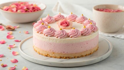 Elegantly styled lychee rose cake with whipped cream topping and edible rose petals on ceramic romantic dessert in soft pink tones
