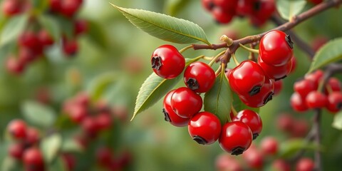 Fototapeta premium Cute cartoon cherry branch with berries and leaf Vector illustration, agriculture, plant