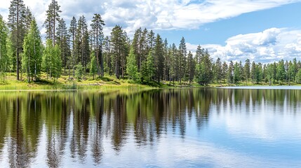 captured with mirrorless camera, 35mm lens, centered horizon line splitting forest and its reflection on calm lake with balanced symmetrical composition