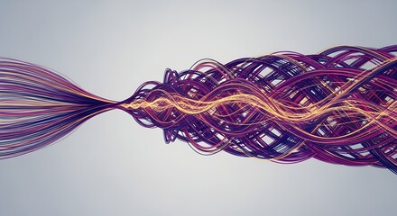 Dynamic abstract art: glowing purple and gold lines intricately braid and flow like a vibrant river, creating an aesthetic of motion and connection.