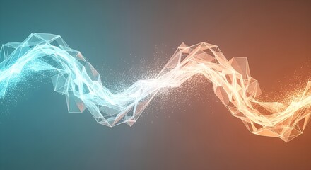 A captivating digital flow of interconnected geometric forms, glowing in vibrant cyan and warm orange, meeting in a luminous symbiotic exchange, embodying the aesthetics of flow.