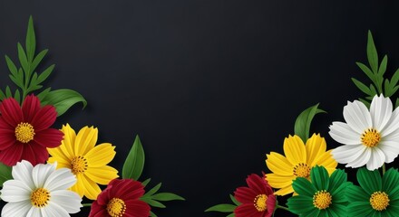 Obraz premium Colorful cosmos flowers with green leaves arranged on a dark background creating a floral border