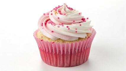 A single, pink-frosted cupcake with white frosting swirls and pink sprinkles.