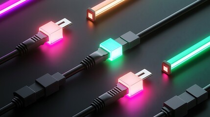 Glowing USB Cables with Vibrant Neon Lights on Dark Background for Data Transfer and Connectivity