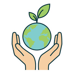Flat vector of human hands holding planet Earth with leaves. Symbol of sustainability, care, and environmental responsibility. Ideal for climate, eco, and green project visuals.