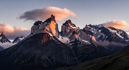 patagonia torres del paine mountains at sunrise with golden light on peaks and clouds