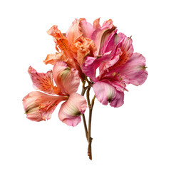 Close-up of three alstroemeria flowers in peach and pink, with a dark background