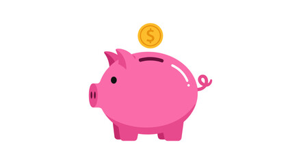 A pink piggy bank with a gold coin being deposited, illustrating savings.