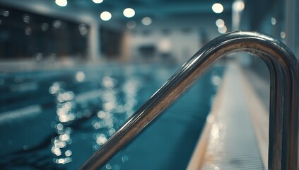 Indoor Swimming Pool with Steel Railing and Reflective Water – Modern Wellness and Gym Environment
