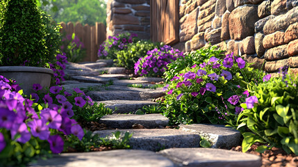 Purple Petunias Blooming Along Stone Garden Path