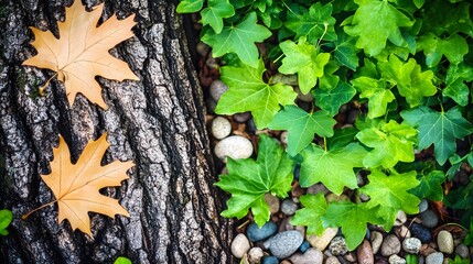 Autumn Leaves on Tree Bark with Lush Green Ivy Groundcover