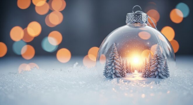 A christmas ornament with snow covered trees inside and bokeh lights in the background image