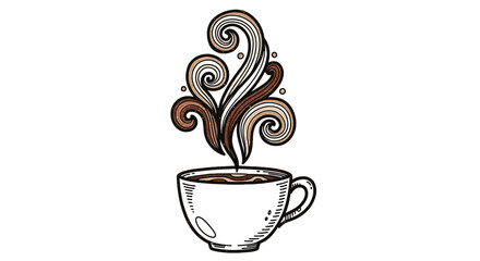 Detailed Coffee Cup with Steam, Hand-Drawn Style, Isolated on White