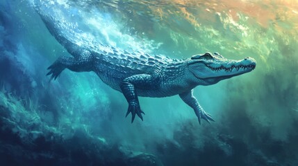 Crocodile swimming underwater in a vibrant aquatic scene.