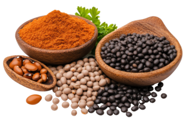 Assorted Legumes and Red Spice Powder in Wooden Bowls