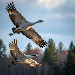 Fototapeta premium Graceful Flight: Two cranes soaring majestically through the air, captured in mid-flight against a backdrop of a partly cloudy sky.