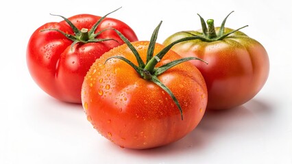 Three Dew-Kissed Tomatoes Close-up Still Life Composition, Red and Green Heirloom Varieties, Vibrant Colors, Juicy Texture tomatoes, still life photography