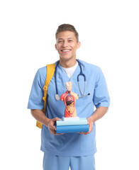 Medical student with books and human body model on white background