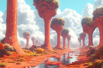 Surreal alien landscape with towering structures and stream, otherworldly fantasy scene