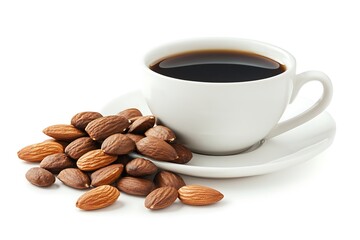 Fototapeta premium Coffee cup with almonds, healthy snack and drink concept. Morning beverage with nuts