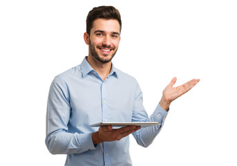 Portrait of a Smiling Businessman with Tablet: Professional Business Concept, isolated on a Transparent Background PNG.
