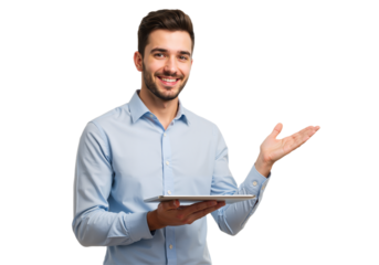 Portrait of a Smiling Businessman with Tablet: Professional Business Concept, isolated on a Transparent Background PNG.