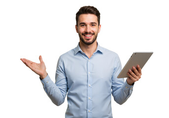 Portrait of a Smiling Businessman with Tablet: Professional Business Concept, isolated on a Transparent Background PNG.