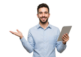 Portrait of a Smiling Businessman with Tablet: Professional Business Concept, isolated on a Transparent Background PNG.