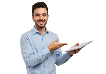 Portrait of a Smiling Businessman with Tablet: Professional Business Concept, isolated on a Transparent Background PNG.
