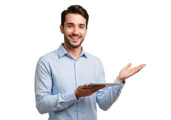 Portrait of a Smiling Businessman with Tablet: Professional Business Concept, isolated on a Transparent Background PNG.