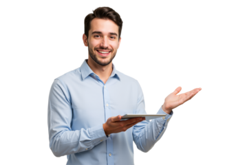 Portrait of a Smiling Businessman with Tablet: Professional Business Concept, isolated on a Transparent Background PNG.