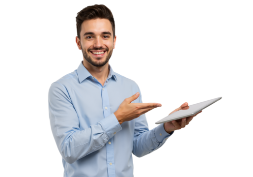 Portrait of a Smiling Businessman with Tablet: Professional Business Concept, isolated on a Transparent Background PNG.