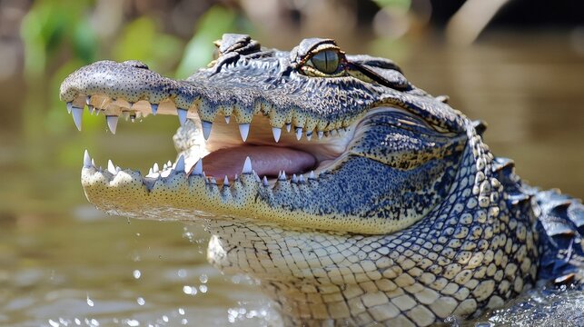 Close-up of an alligator's head with open mouth.