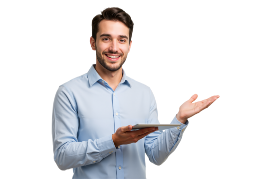 Portrait of a Smiling Businessman with Tablet: Professional Business Concept, isolated on a Transparent Background PNG. - Powered by Adobe