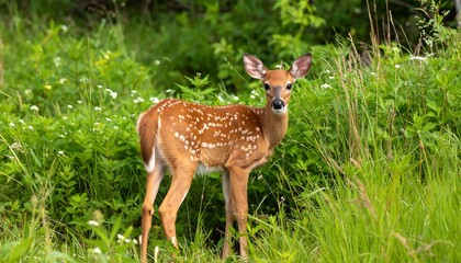 A fawn stands amidst lush greenery