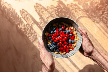 Healthy muesli breakfast with fruits. Healthy breakfast with lots of fruit and whole grains