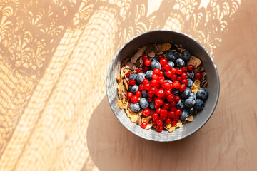 Healthy muesli breakfast with fruits. Healthy breakfast with lots of fruit and whole grains