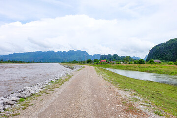 River flow and the fresh green mountain in the south of Laos 