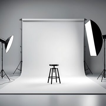 Professional Photography Studio Setup with Seamless White Background and Lighting Equipment for Portrait Shoots and Commercial Photography Sessions