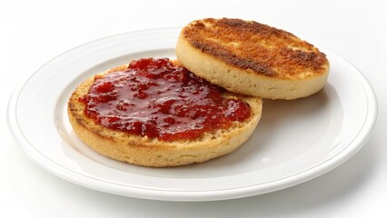 Toasted English Muffin with Strawberry Jam Close-up Food Photography, breakfast, food styling, recipe Breakfast, Food Photography