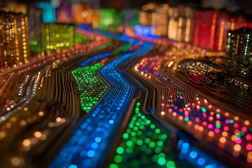 Colorful Lighted Cityscape at Night with Illuminated Streets and Buildings