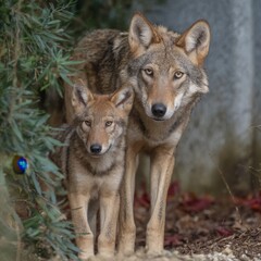 Captivating red wolf mother and cub portrait displaying wild animal behavior in a natural environment perfect for educational or conservation photography.