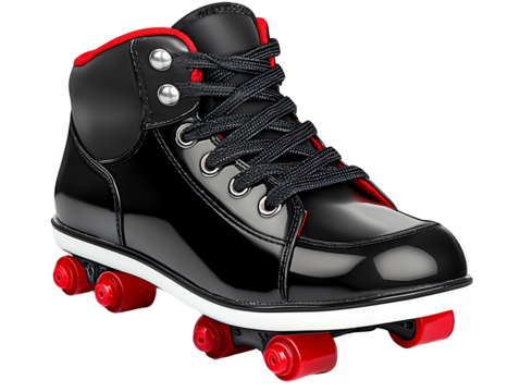 Black Patent Leather Roller Skate Shoe with Red Accents