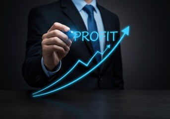 Businessman draws a glowing blue graph indicating increasing profit and growth on a dark background