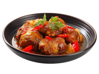 Fototapeta premium A tantalizing display of braised chicken pieces, richly coated in a flavorful sauce and adorned with vibrant chili peppers