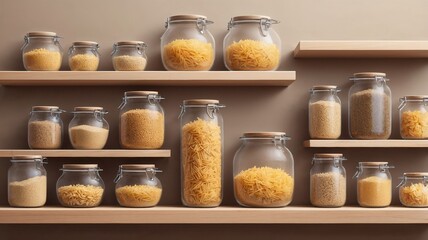 Wooden shelves filled with various sized glass jars. The jars hold different types of pasta, grains, and cereals, creating a neat display.