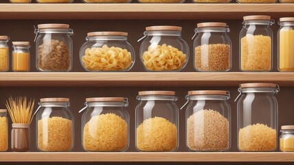 Wooden shelves filled with various sized glass jars. The jars hold different types of pasta, grains, and cereals, creating a neat display.