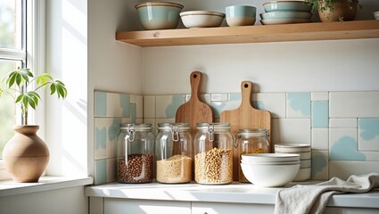Bright kitchen counter with transparent jars filled with various grains. Decorative cutting boards and a shelf with ceramic dishes adorn the wall.